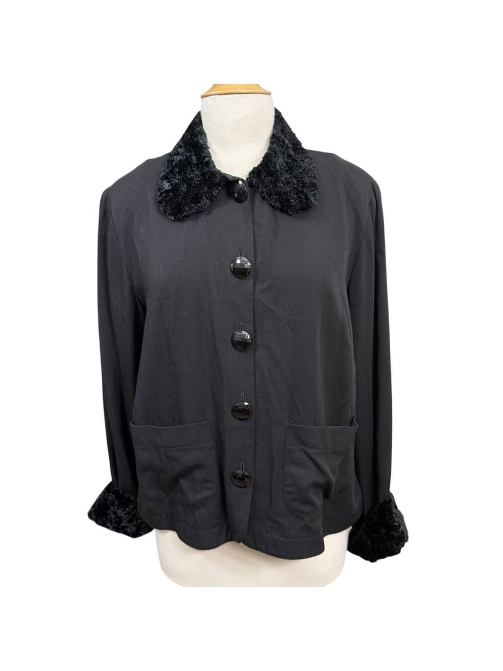 Vintage On The Verge Black Wool Blend Jacket Faux Fur Collar Womens Large